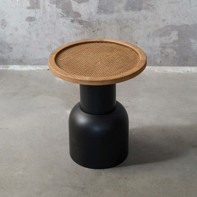 Vintage Cylinder Iron Rattan Wood End Table