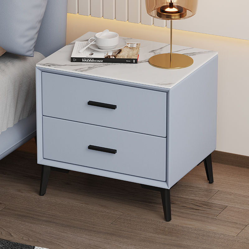 Modern Microfiber Leather Stone Veneer Nightstand 2-Drawer — Microfiber Leather / Panel / White