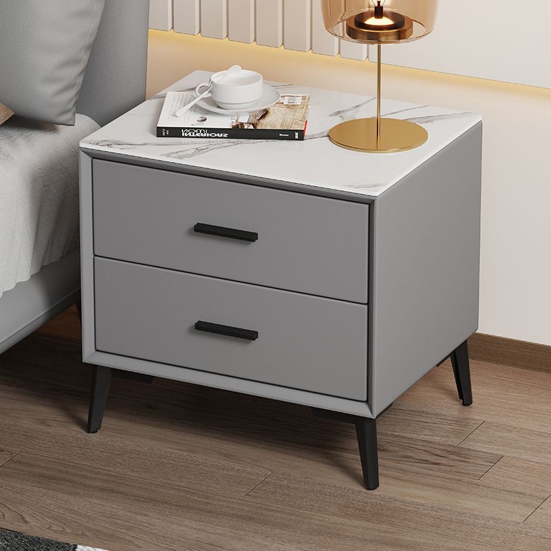 Modern Microfiber Leather Stone Veneer Nightstand 2-Drawer — Stone Veneer / Panel / Dark Gray
