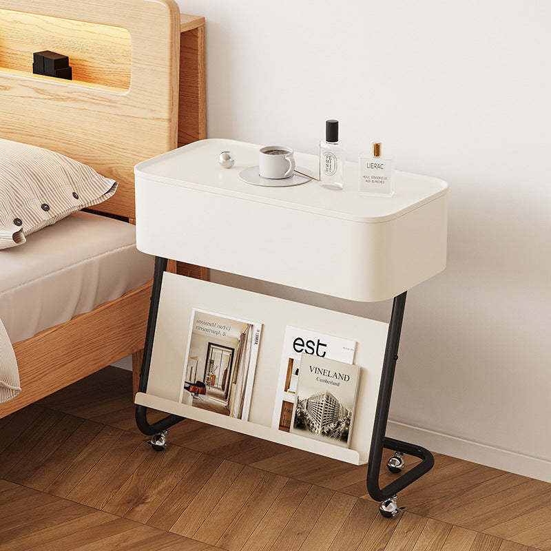 Minimalist Stainless Steel Swivel Nightstand 1-Cabinet — Without Wheels / Carbon Steel / Black Table Top & Black Frame