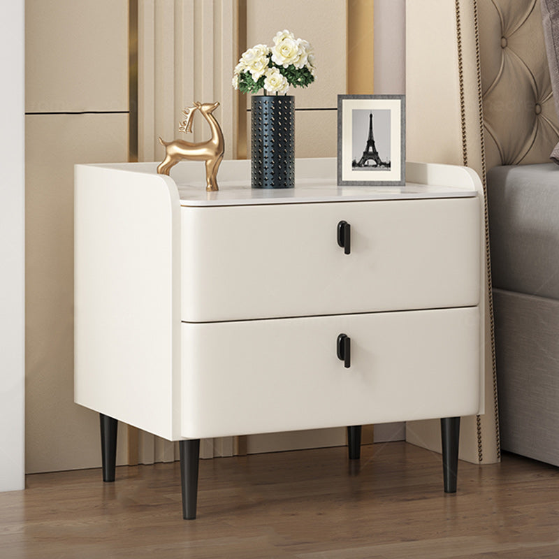 Minimalist Leather Wood Rock Plate Nightstand 2-Drawer