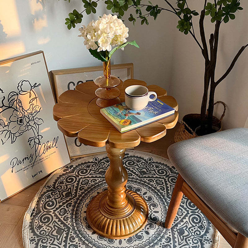 Vintage Embossed Flower Wood End Table — Embossed Original Wood Color / White