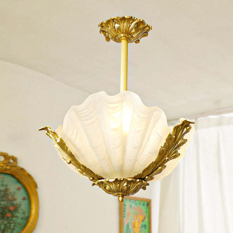 French Shell Brass Glass Chandelier