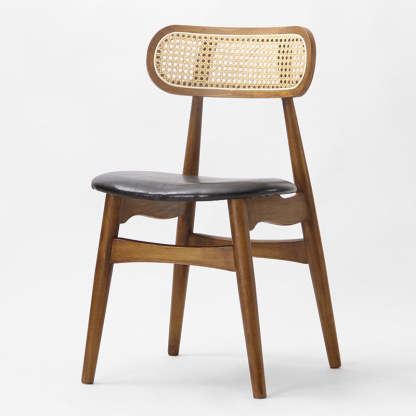 Japanese Faux Leather Wood Splayed-Leg Dining Chair