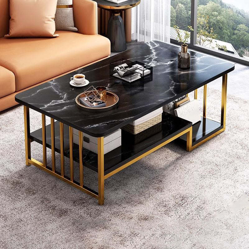 Contemporary Marble Rectangular Coffee Table 2-Tier Storage — Black Tabletop + Gold Frame