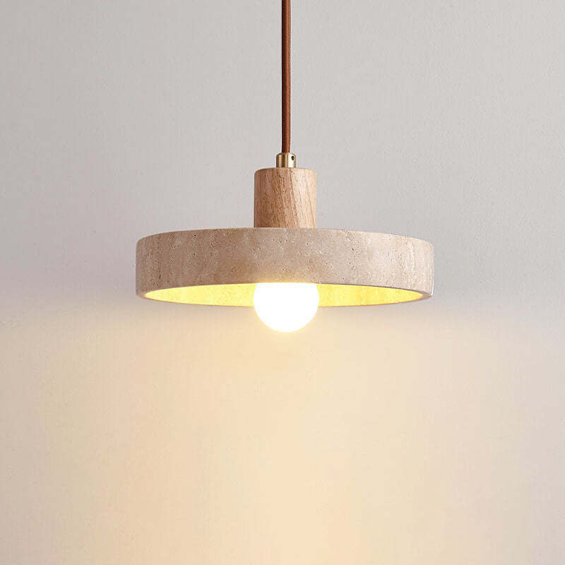 Japanese Solid Wood Disc Yellow Travertine Pendant Light