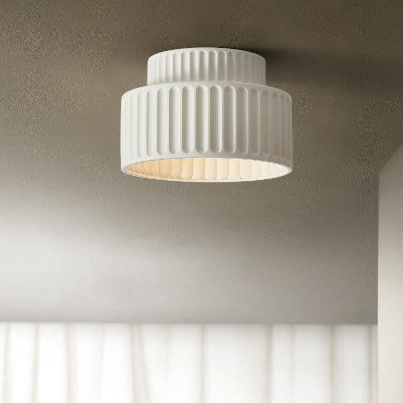 Nordic Cream Hand-Sculpted Stripes Round Flush Light