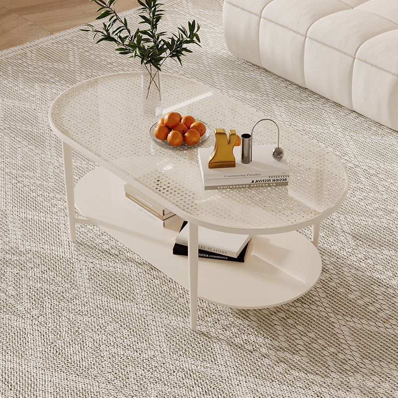 Vintage Oval Tempered Glass Steel Coffee Table 2-Tier — A - White