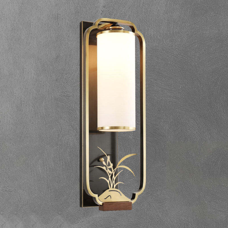 Modern Chinese Copper Glass Column Ring Sconce — Copper / Bamboo / 220V-240V For UK/AU