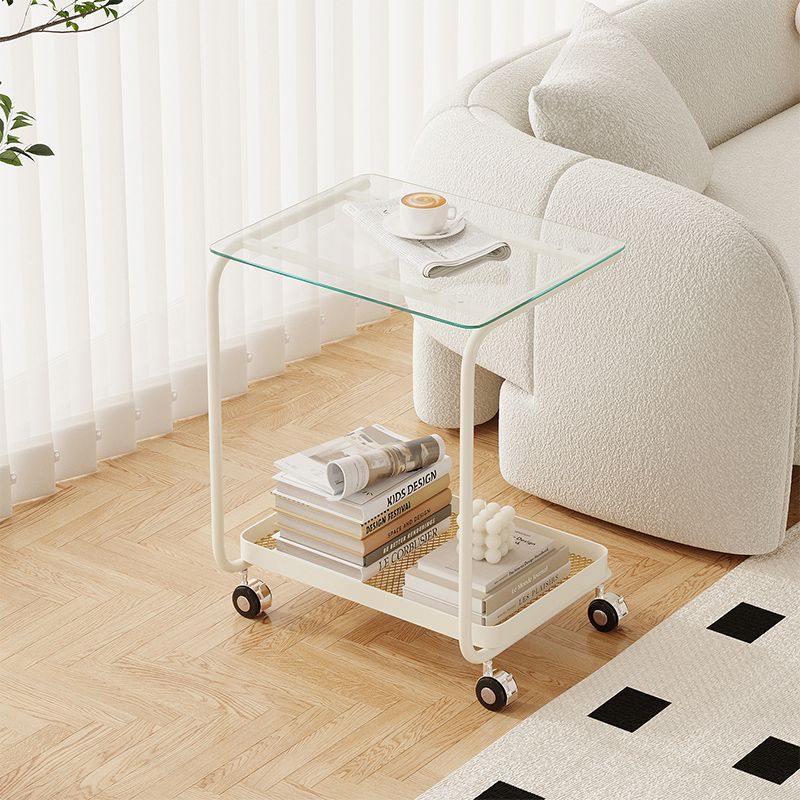 Scandinavian C-Shaped Glass Top End Table — White Frame + Transparent Tempered Glass