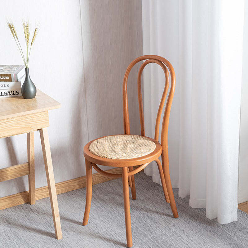 Scandinavian Round Rattan Wood Vanity Stool — Cherry Wood / A