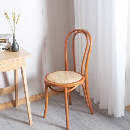 Scandinavian Round Rattan Wood Vanity Stool — Cherry Wood / A