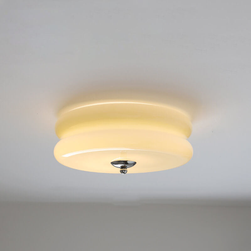 French Minimalist Cream Glass Round LED Flush Mount Light