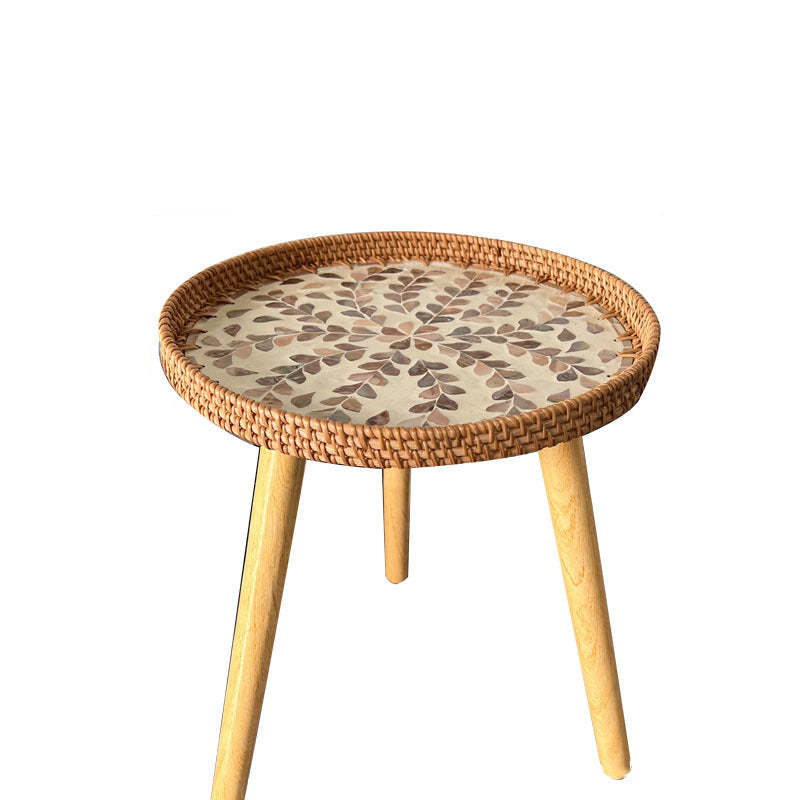 Rustic Handmade Shell Wood Rattan Side Table