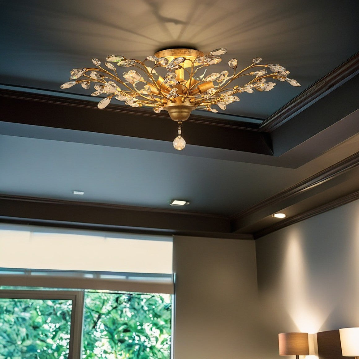 European Branch Iron Crystal Semi-Flush Ceiling Light — 4 / Gold / 220V-240V For UK/AU