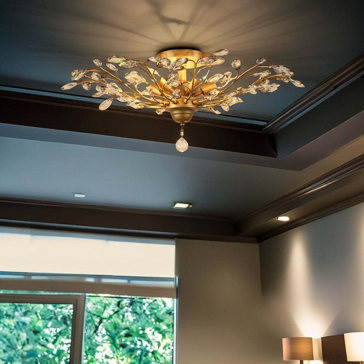 European Branch Iron Crystal Semi-Flush Ceiling Light — 4 / Gold / 220V-240V For UK/AU