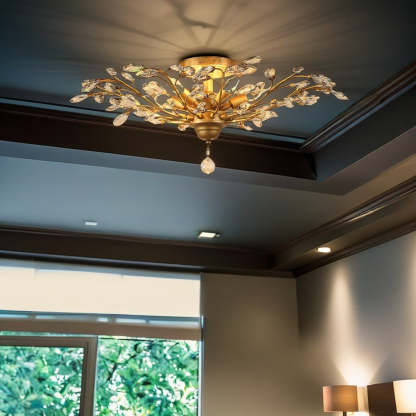 European Branch Iron Crystal Semi-Flush Ceiling Light — 4 / Gold / 220V-240V For UK/AU