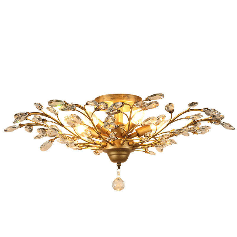 European Branch Iron Crystal Semi-Flush Ceiling Light