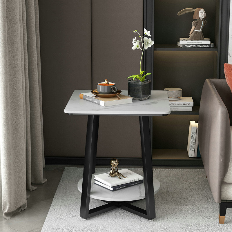 Minimalist Rock Slab Iron 2-Tier Side Table — Italian Grey Tabletop + Black Frame