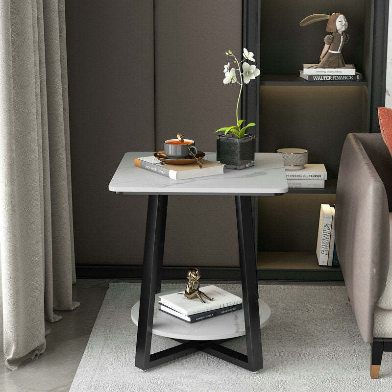 Minimalist Rock Slab Iron 2-Tier Side Table — Italian Grey Tabletop + Black Frame