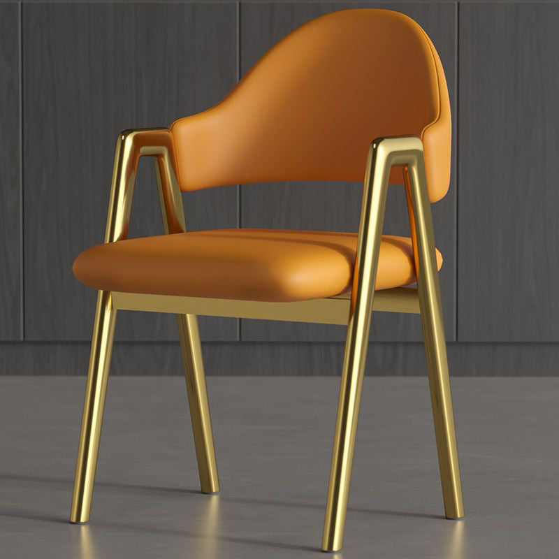 Contemporary Leather Upholstered Dining Chair — Orange Leather Seat + Gold Frame