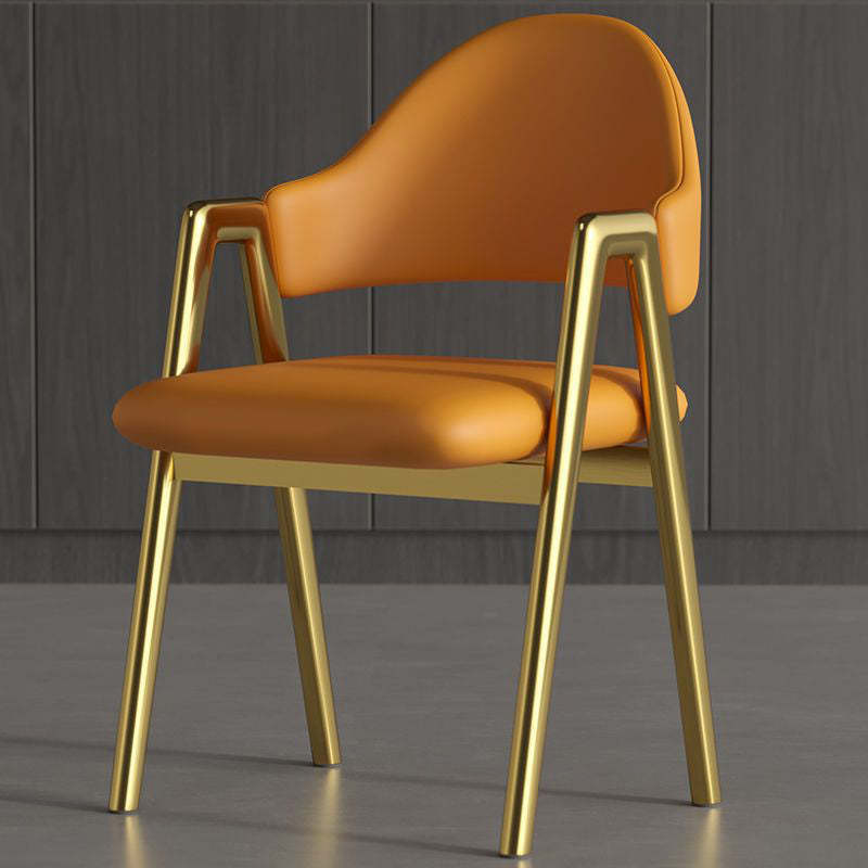 Contemporary Leather Upholstered Dining Chair — Orange Leather Seat + Gold Frame