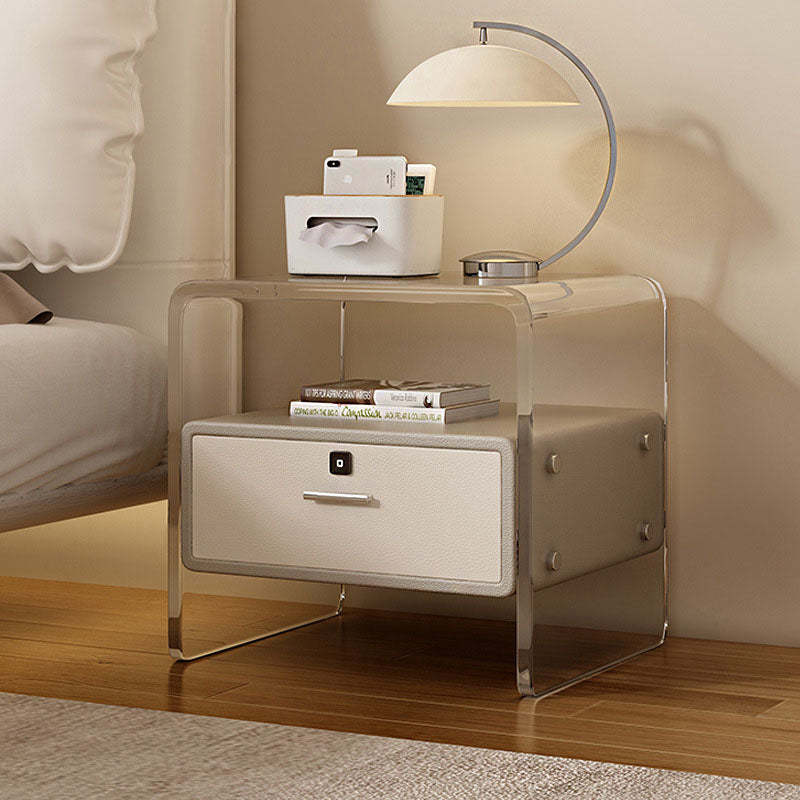 Minimalist Acrylic Wood Metal 1-Drawer Nightstand — Drawer With Fingerprint Lock / Beige