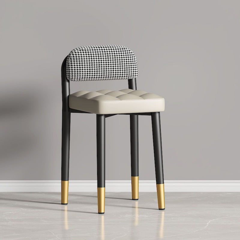 Modern Fabric Upholstered Low Back Vanity Stool — Beige Leather Seat + Houndstooth Backrest