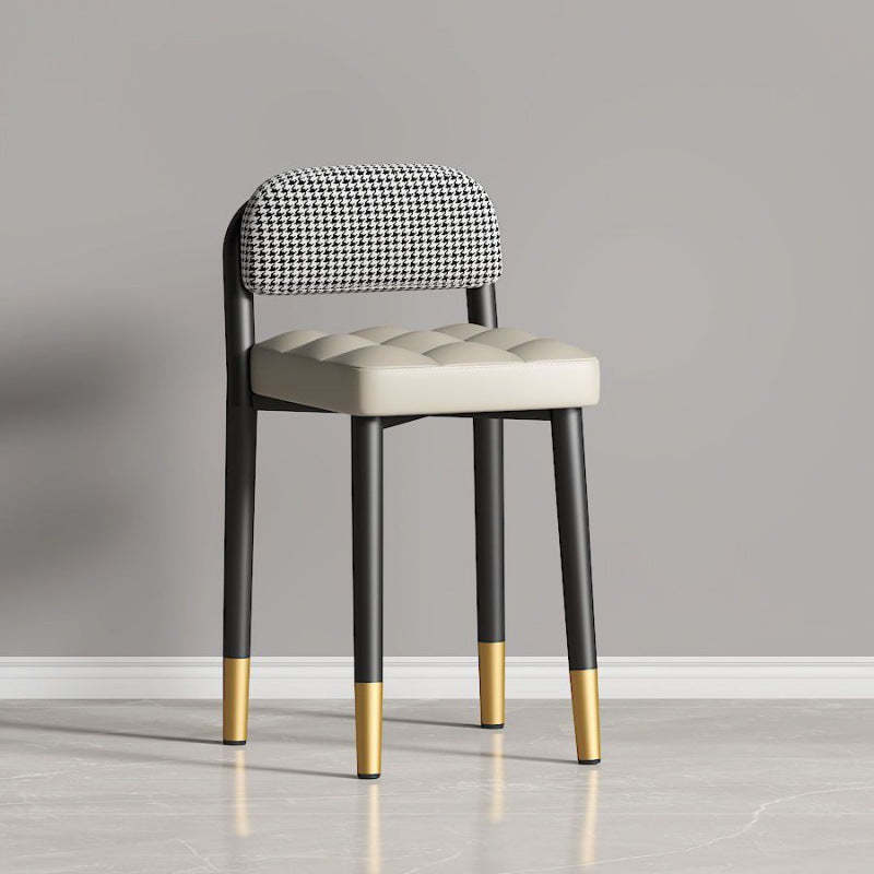 Modern Fabric Upholstered Low Back Vanity Stool — Beige Leather Seat + Houndstooth Backrest