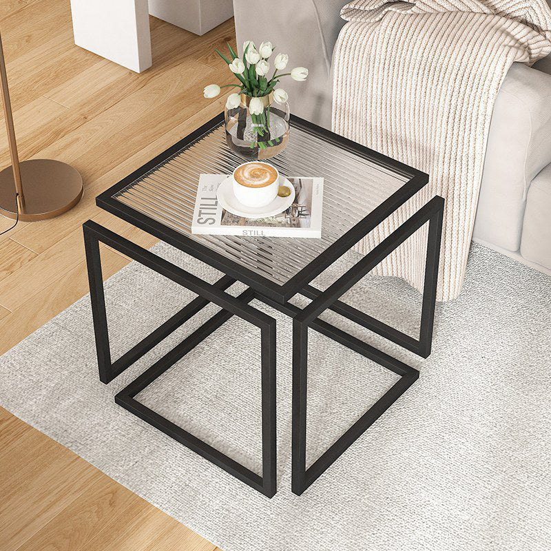 Contemporary Square Glass Iron Side Table — Black