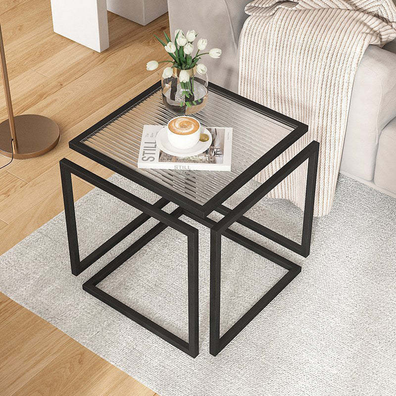 Contemporary Square Glass Iron Side Table — Black
