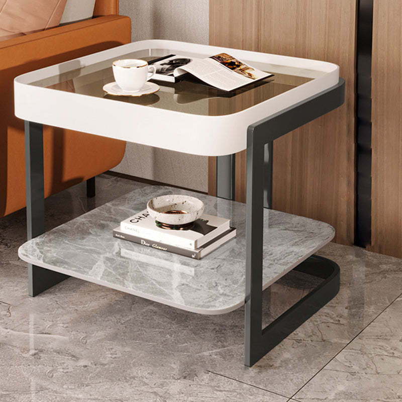 Modern Luxury Glass Rock Slab Iron 2-Tier Coffee Table — Orange Frame + White Rock Slab