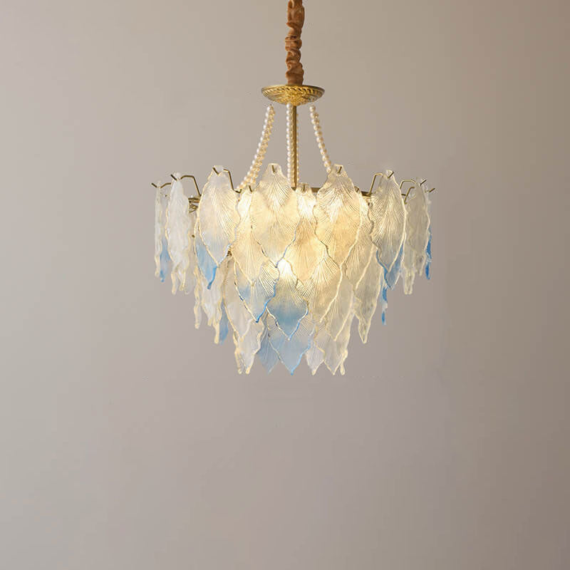 French Tree Leaf Pearl Iron Copper Glass Chandelier