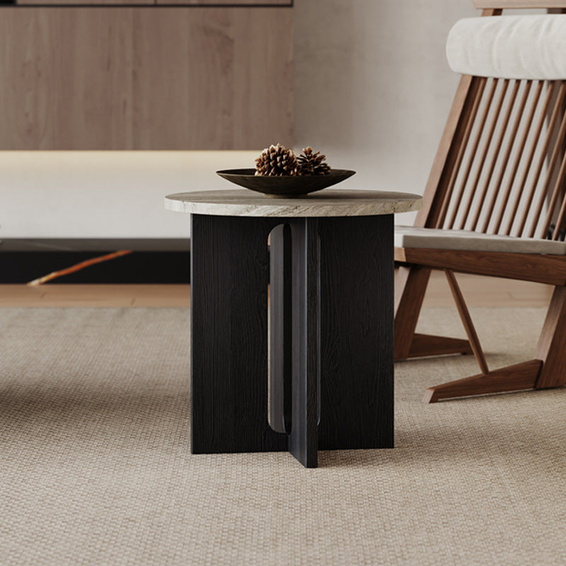 Vintage Cross-Base Travertine Wood Round Coffee Table — Black