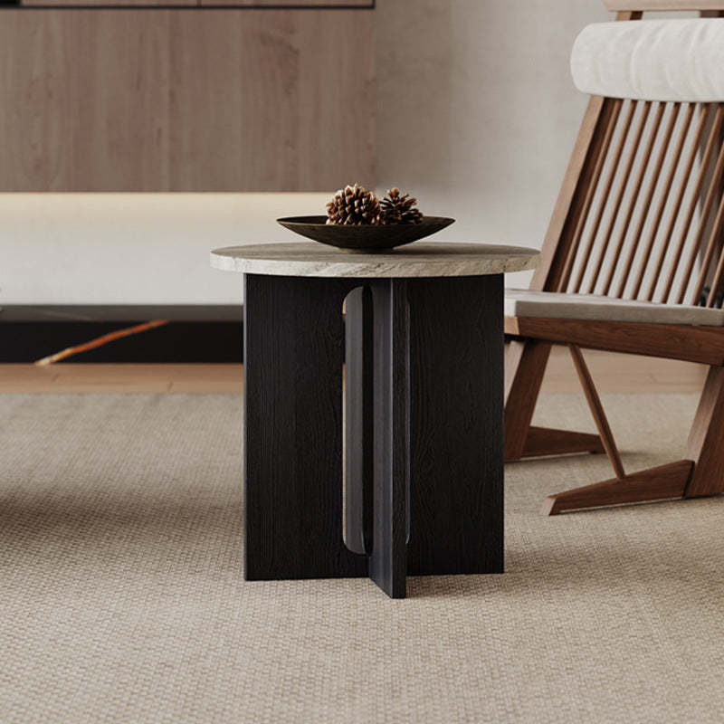 Vintage Cross-Base Travertine Wood Round Coffee Table — Black