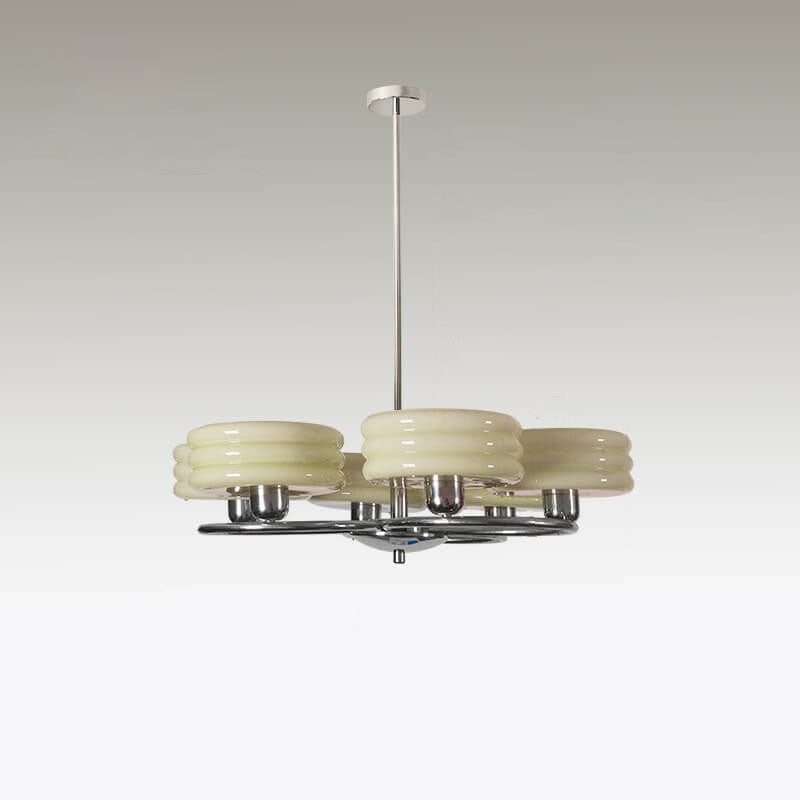 French Vintage Green Cream Glass Chrome Circle Chandelier