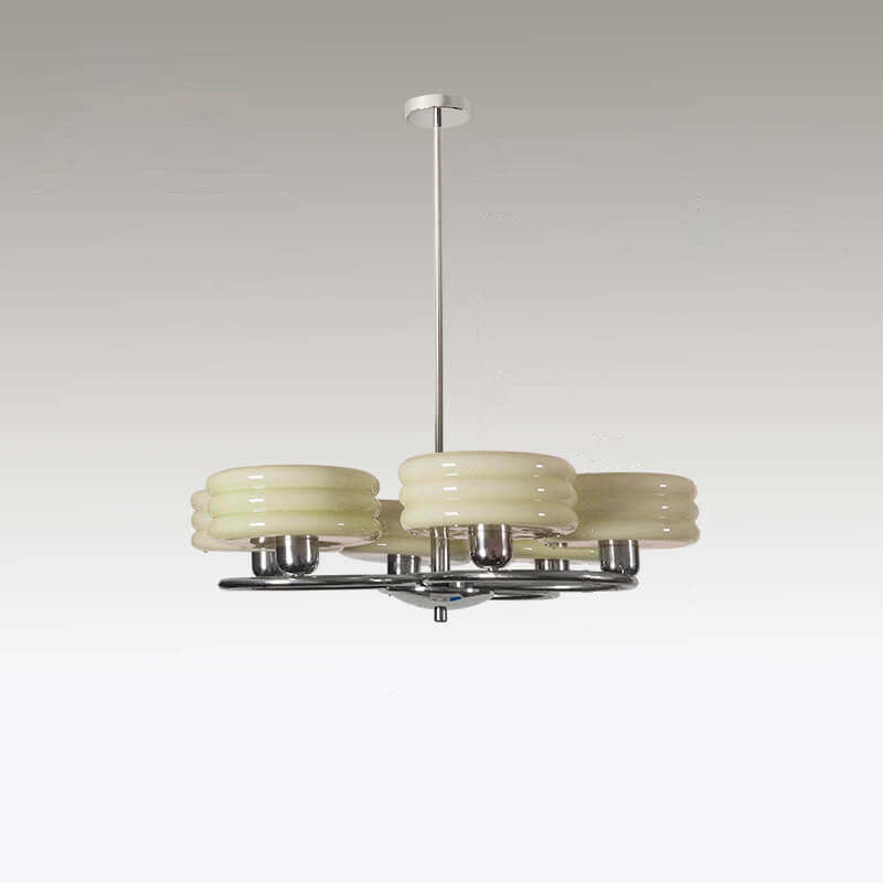 French Vintage Green Cream Glass Chrome Circle Chandelier