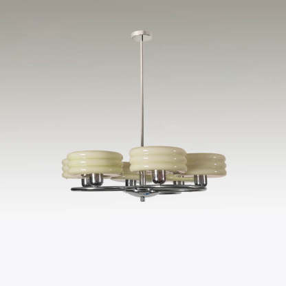 French Vintage Green Cream Glass Chrome Circle Chandelier