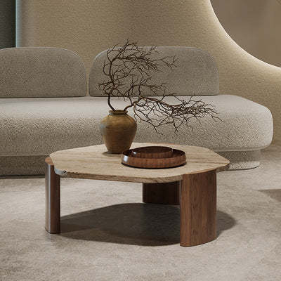 Nordic hexagon travertine wood coffee tables — 14" H x 23.5" Dia
