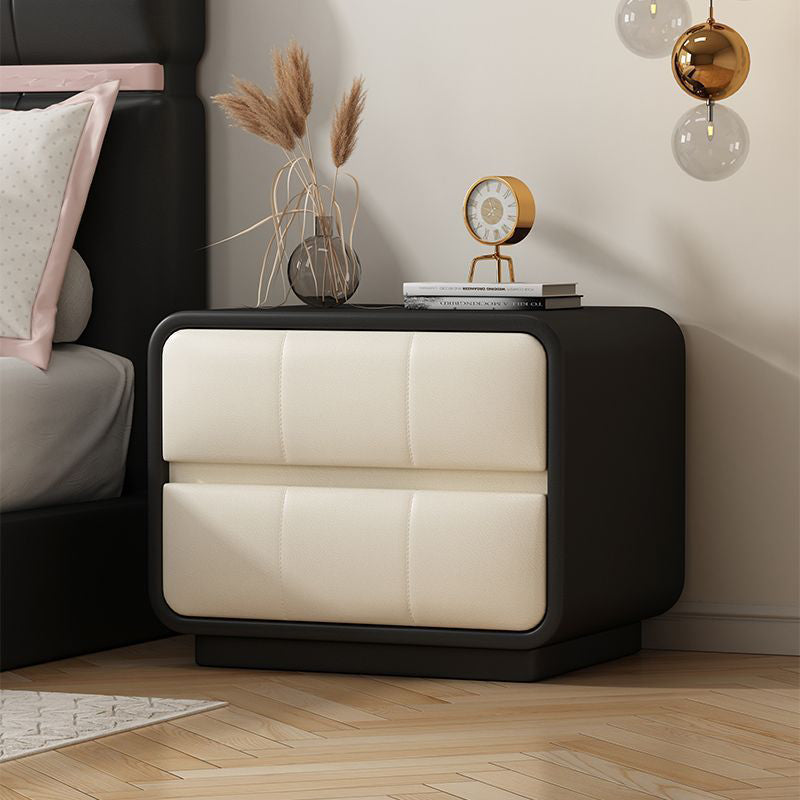 Microfiber Leather Wood 2-Drawer End Table — Black Frame + Off-White Finish
