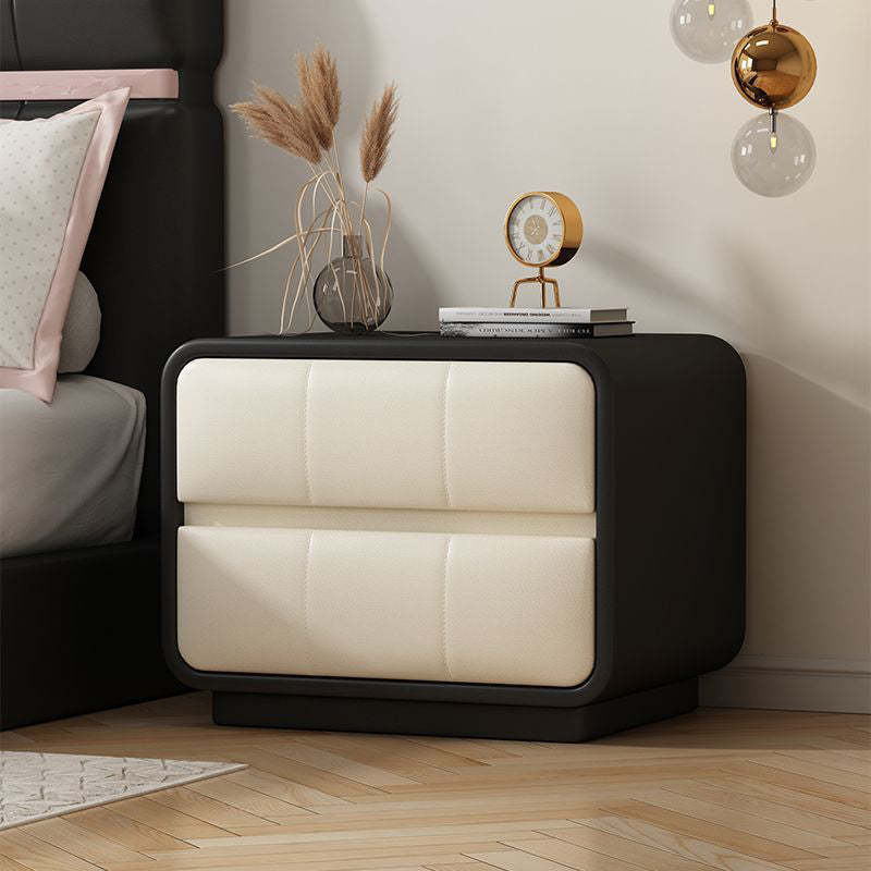 Microfiber Leather Wood 2-Drawer End Table — Black Frame + Off-White Finish