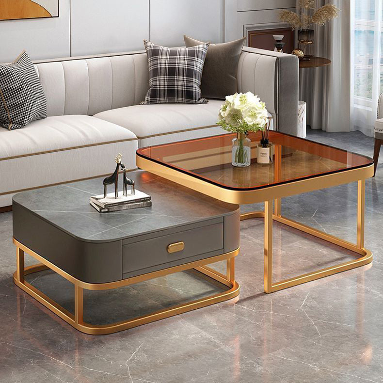 Luxury Square Glass Nesting Coffee Table — Gray Tabletop + Gray Drawer