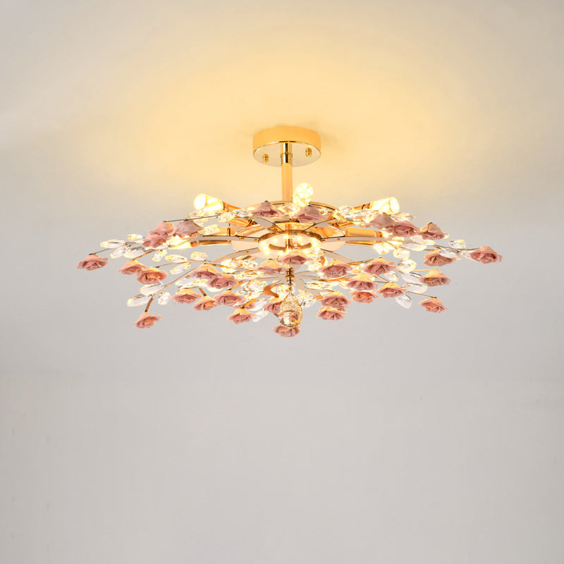 Modern Luxury Rose Iron Ceramic Crystal Chandelier