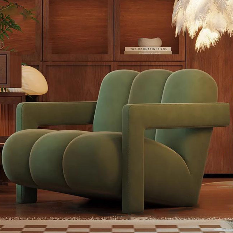 Retro Striped Velvet Wood Accent Chair — Khaki + Khaki Armrest