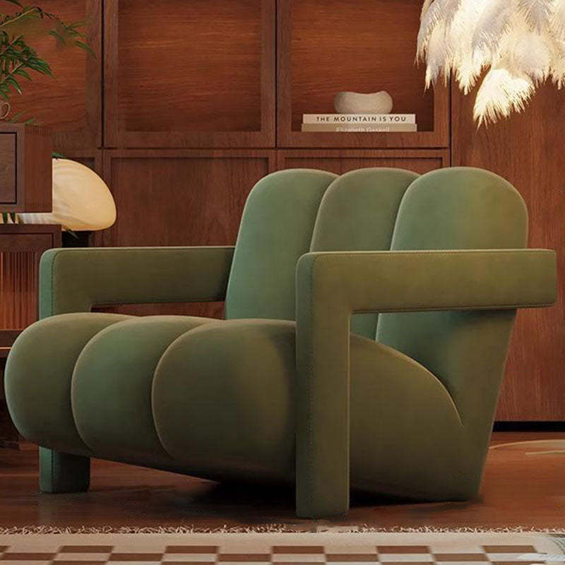 Retro Striped Velvet Wood Accent Chair — Khaki + Khaki Armrest