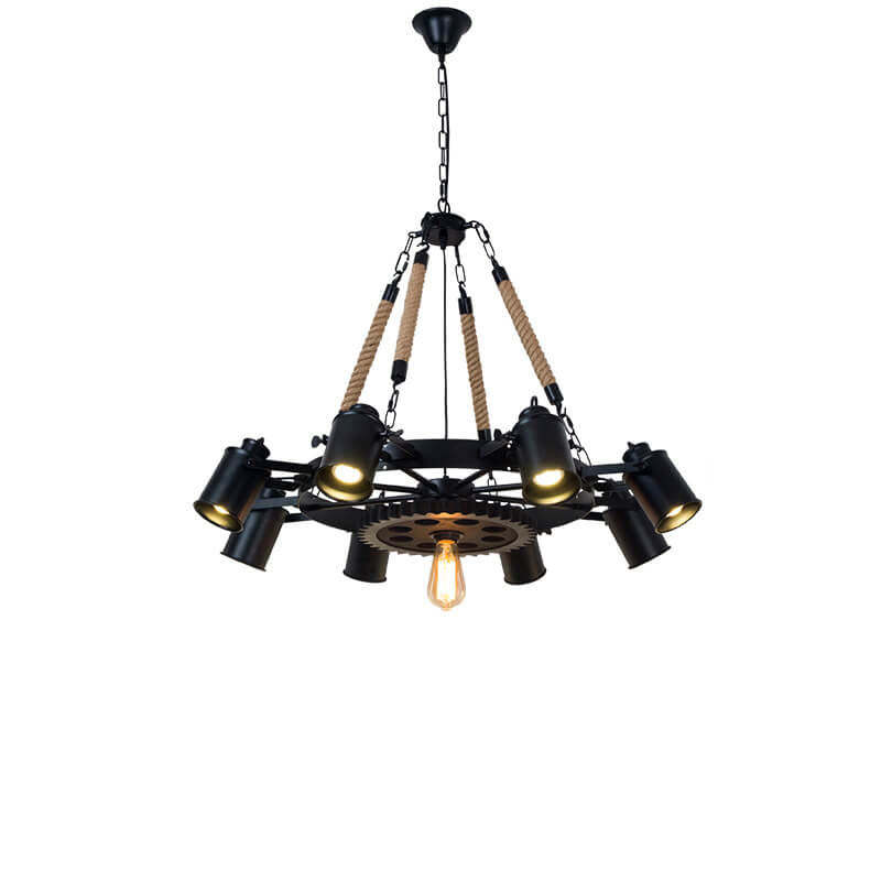 Industrial Retro Gear Wrought Iron Hemp Rope Chandelier