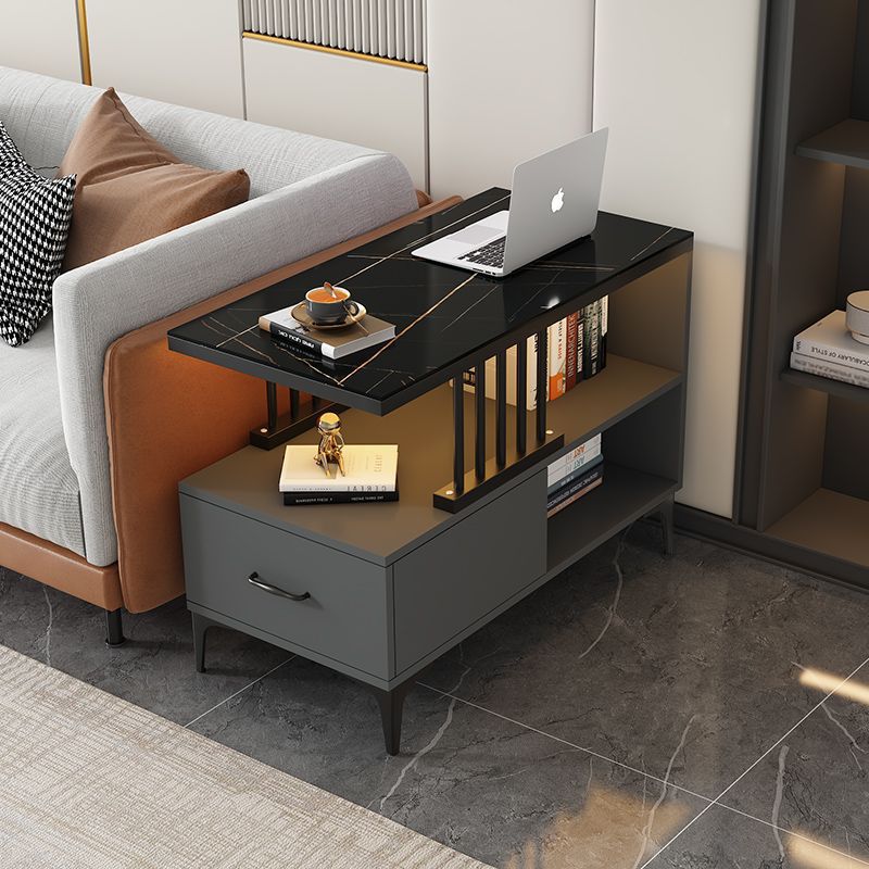 Contemporary Glass 2-Tier End Table — Gray Cabinet + Black Frame + Black Marble Texture Tabletop