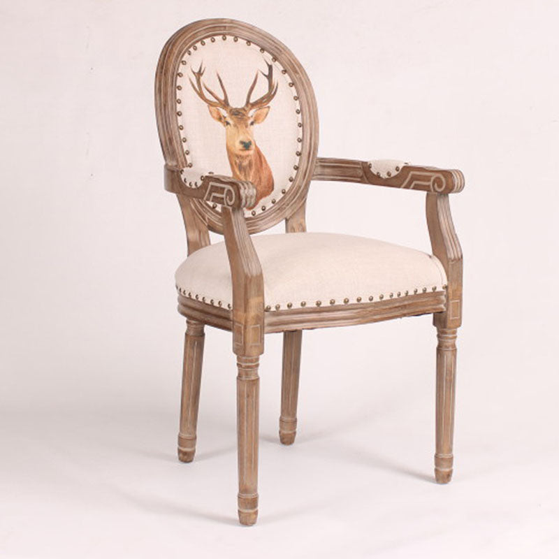 Retro Rubberwood Fabric Bird Deer Dining Chair — C