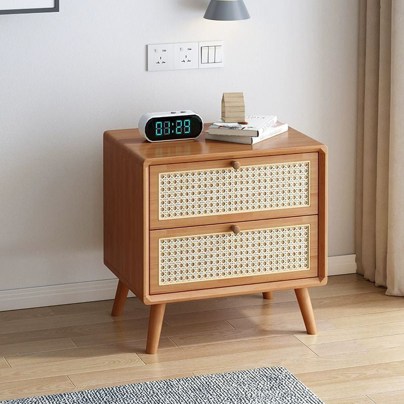 Modern Wood Rattan 2-Drawer Side Table — Cherry Wood Color
