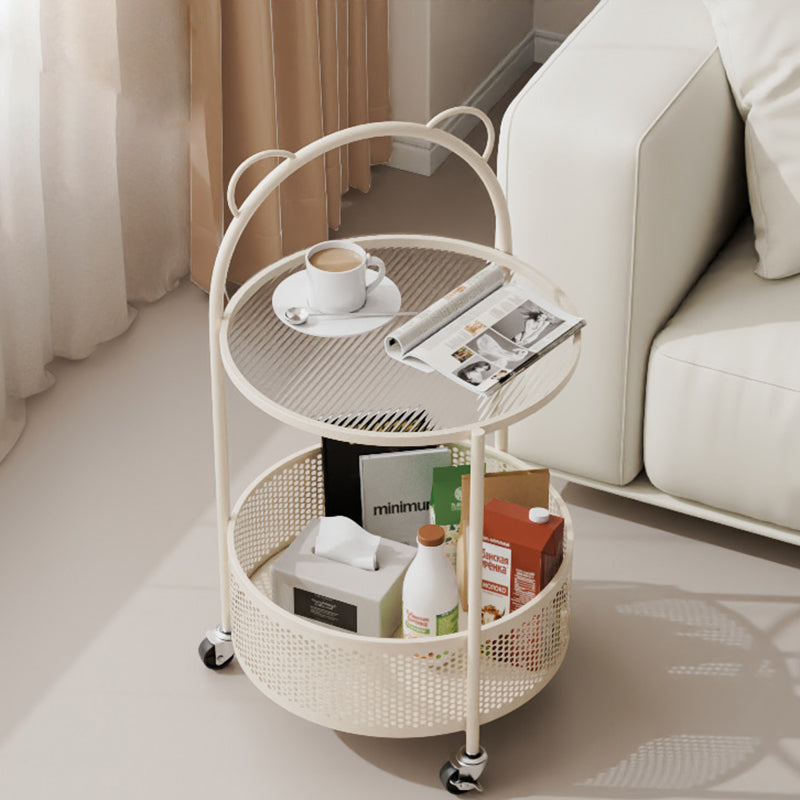 Contemporary Round Glass Movable 2-Tier Side Table — Creamy White Frame + Clear Glass Tabletop